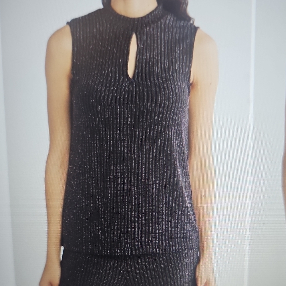 NWT ICHI Ribbed Metallic Sleeveless Knit Holiday Top Black Medium